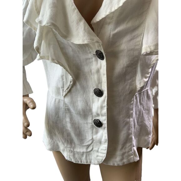 Live A Little Cream Linen Ruffle V-neck Button Front Blouse Size Medium - Picture 3 of 13